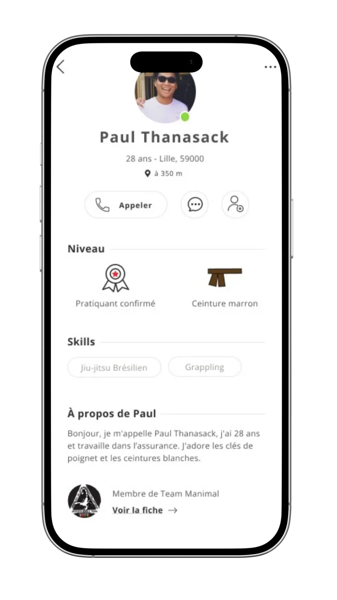 onejitsu-carte-recherche-partenair-mockup Profil détaillé d'un pratiquant de jiu-jitsu avec niveau, ceinture et compétences