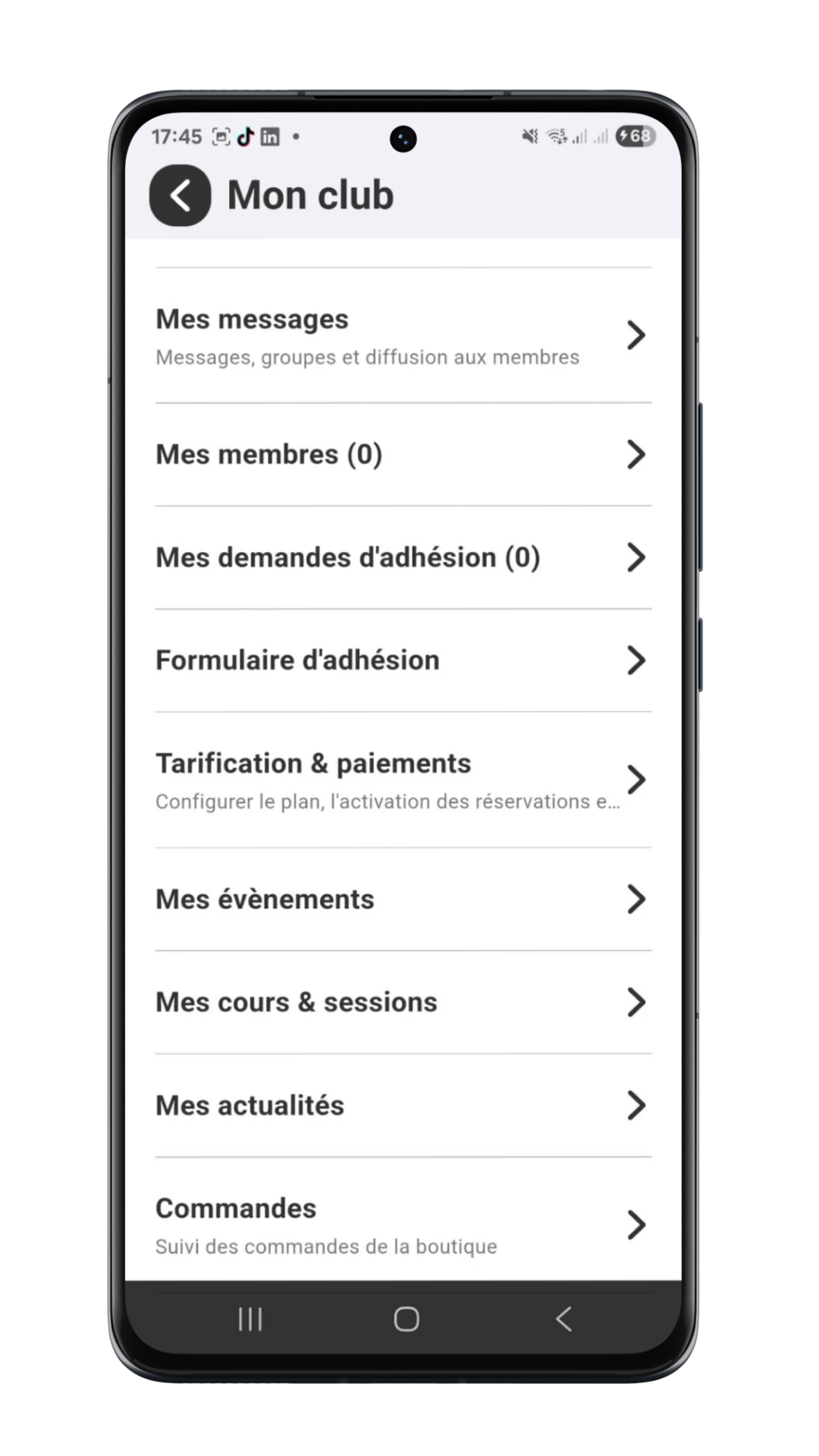 onejitsu-liste-membres-mockup Interface de gestion d'un club de jiu-jitsu avec membres, événements et réservations
